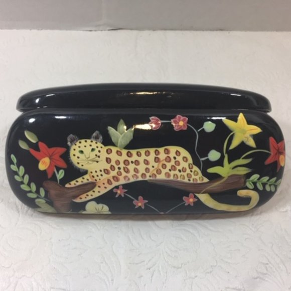 Hand Painted Leopard Floral Design 👓Eyeglasses👓 Hard Case Black Shiny - Picture 2 of 5